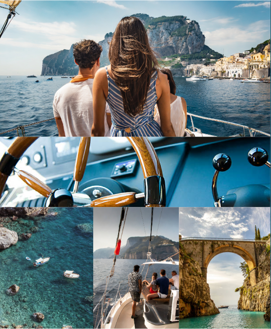Una moodboard evocativa del cliente con immagini di yacht di lusso, mare della costiera amalfitana e turisti in barca.