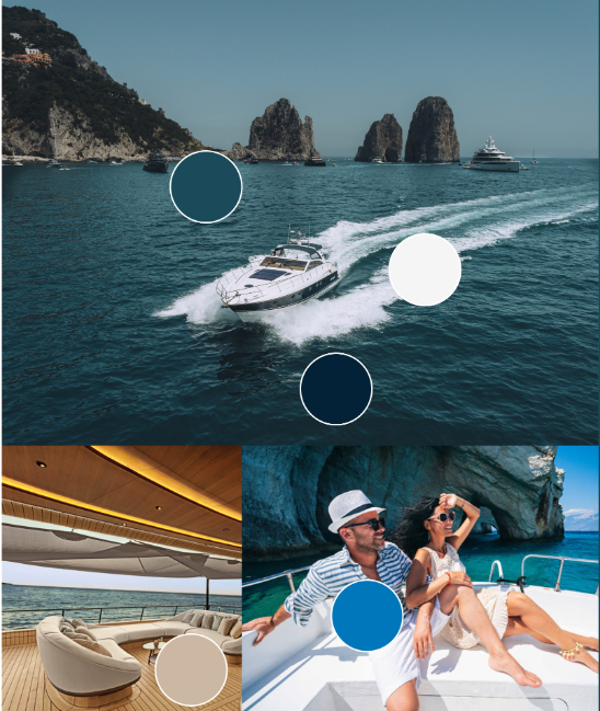 Una moodboard evocativa del cliente con immagini di yacht di lusso, mare della costiera amalfitana e turisti in barca con colori in rilievo per mostrare la palette scelta.