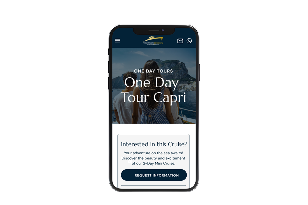 Mockup sito mobile: esempio della viewport della pagina dell'itinerario One Day Tour Capri con titolo e cta a fine schermata.
