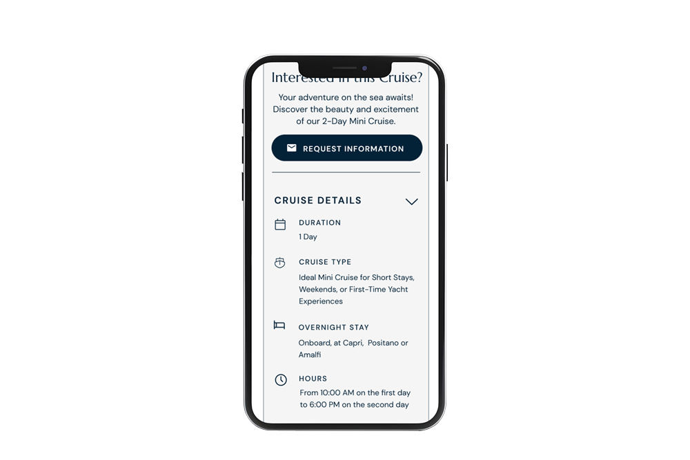Mockup sito mobile: esempio dei dettagli del viaggio nella pagina di uno degli itinerari.