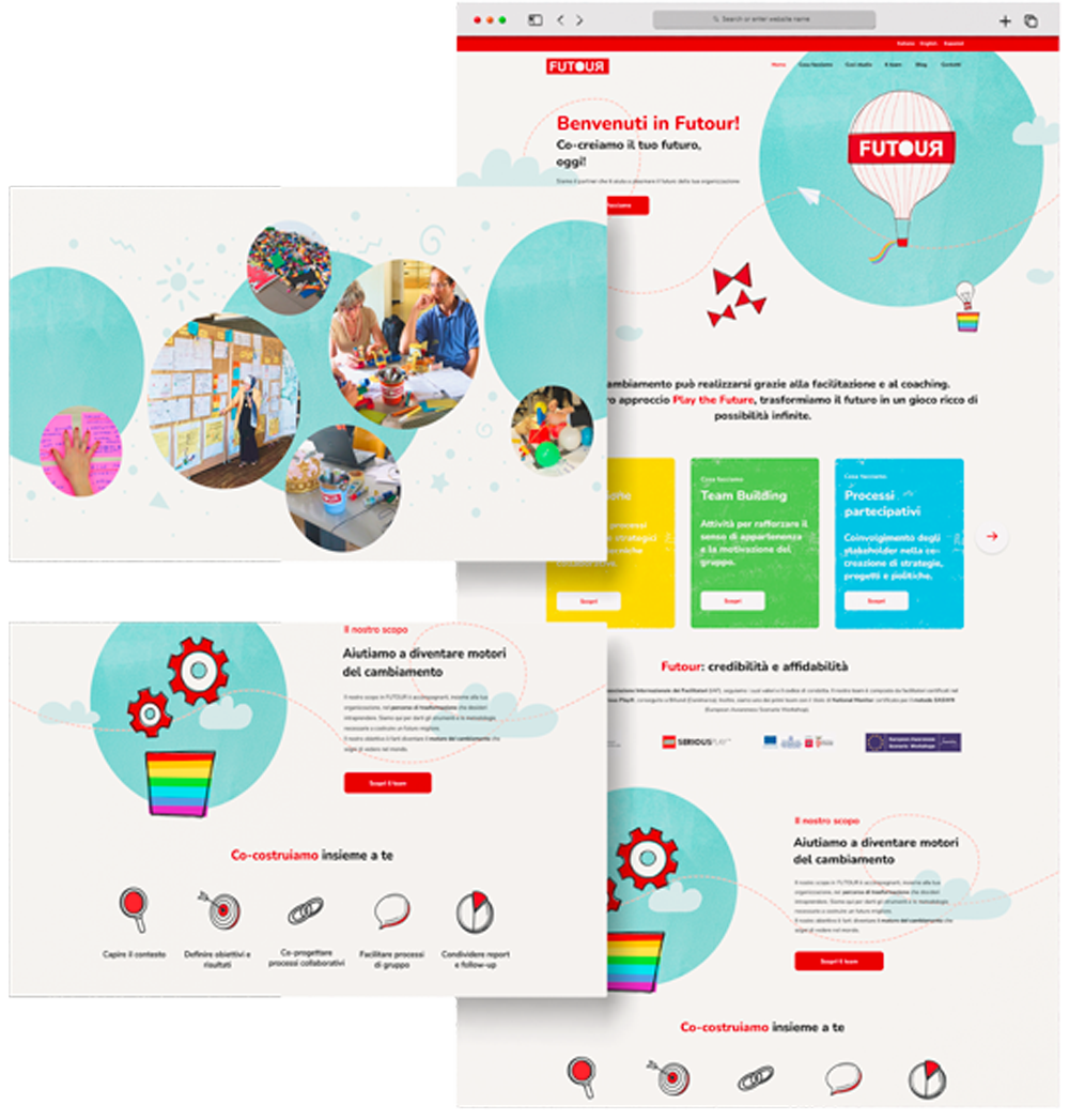 Mockup sito: esempio della pagina homepage intera, con zoom su foto decorative e zoom di una parte dei servizi offerti.