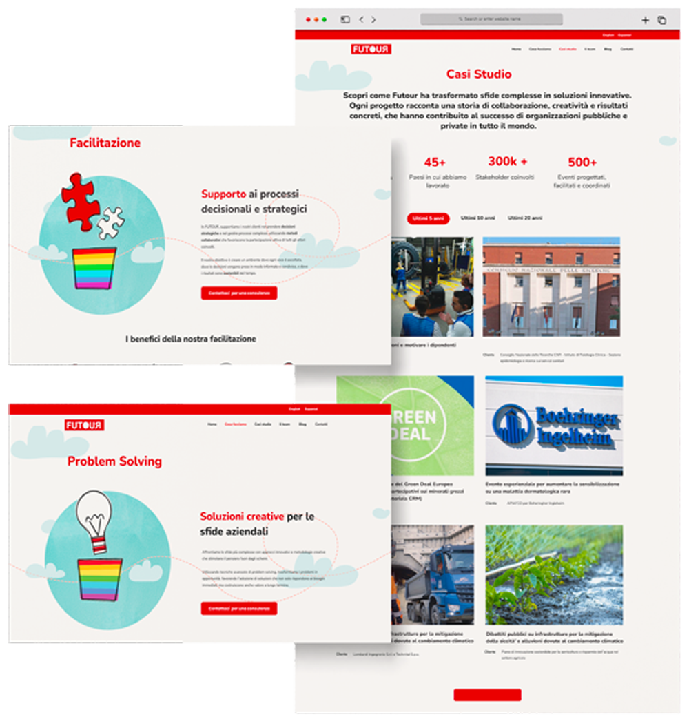 Mockup sito: esempio della pagina di un caso di studio intera, con zoom su foto decorative e di una parte dei servizi offerti.