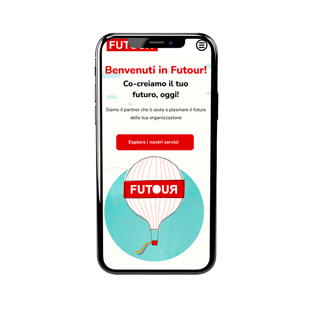 Mockup sito mobile: esempio della pagina homepage vista da telefono con titolo, immagine decorativa e CTA.