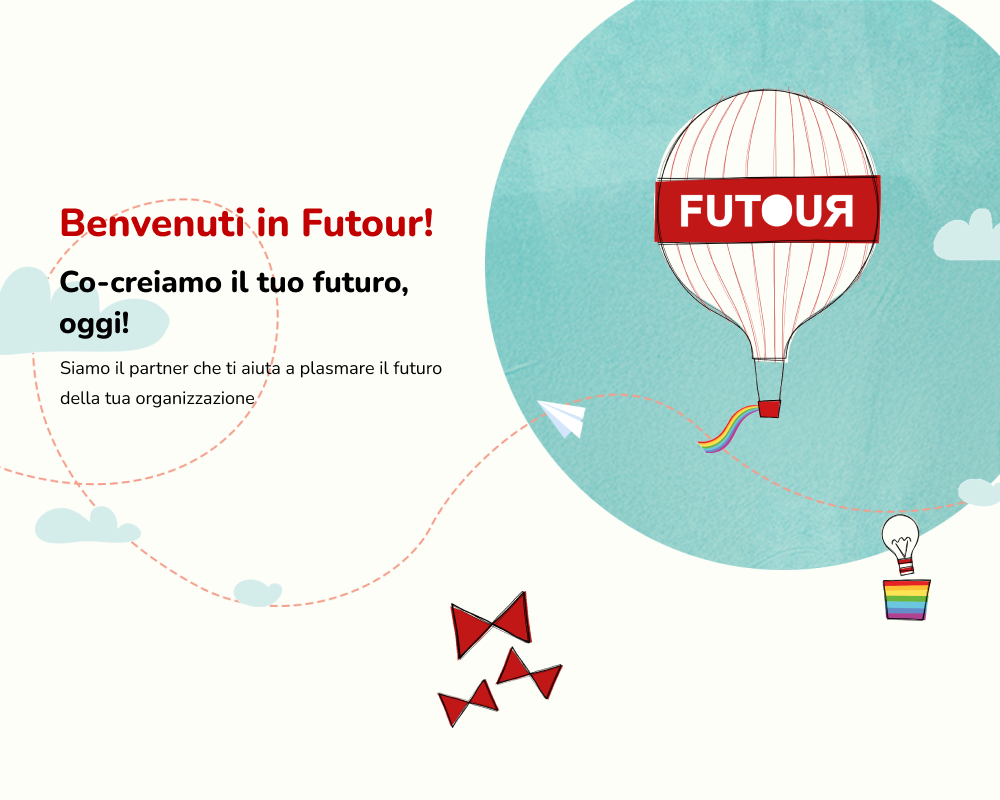 Immagine principale per cliente Futour, con logo e immagini decorative e copy del sito.