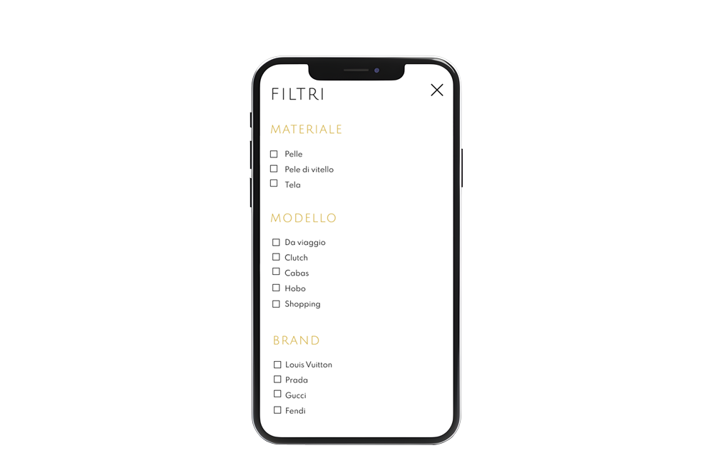 Mockup sito mobile: esempio dei filtri presenti sulla pagina listing da mobile.