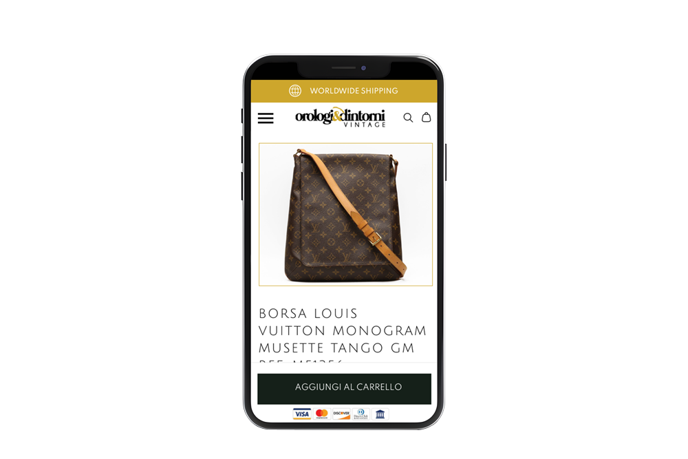 Mockup sito mobile: esempio della pagina prodotto vista da telefono con immagine del prodotto, nome prodotto e CTA.