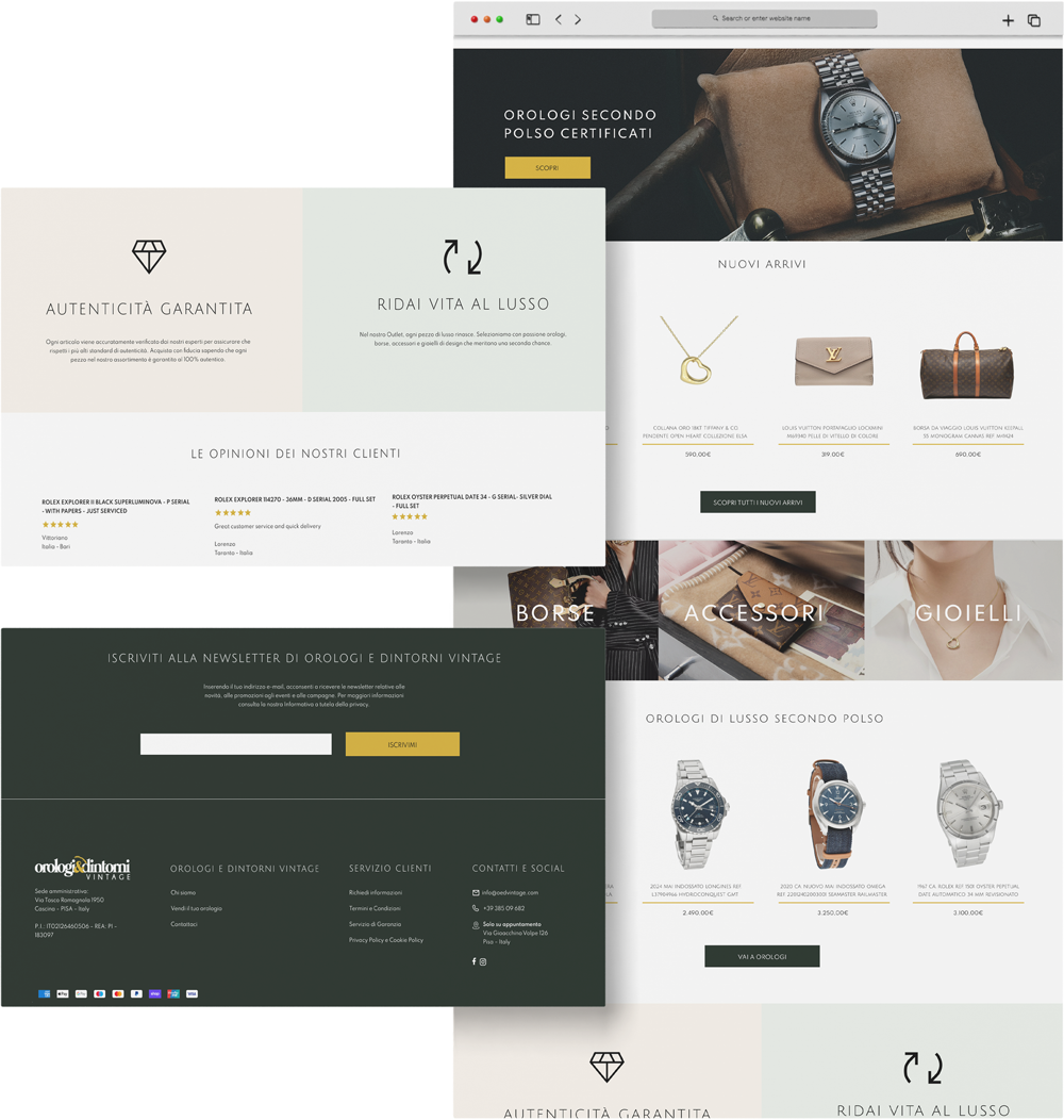 Mockup sito: esempio della pagina homepage interao, con zoom sulle sezioni informative del lusso second hand e iscrizione alla newsletter.