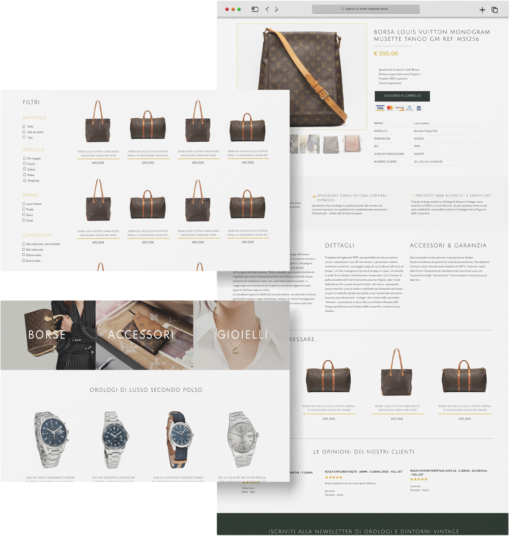 Mockup sito: esempio della pagina prodotto intera, con zoom sul listing e sulle categorie del sito.