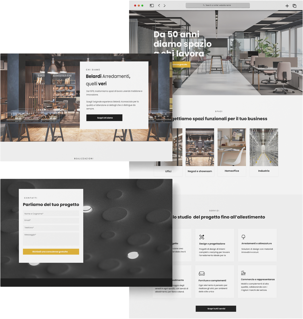 Mockup sito: schermata intera della homepage su zoom della sezione chi siamo e sul form di contatto.