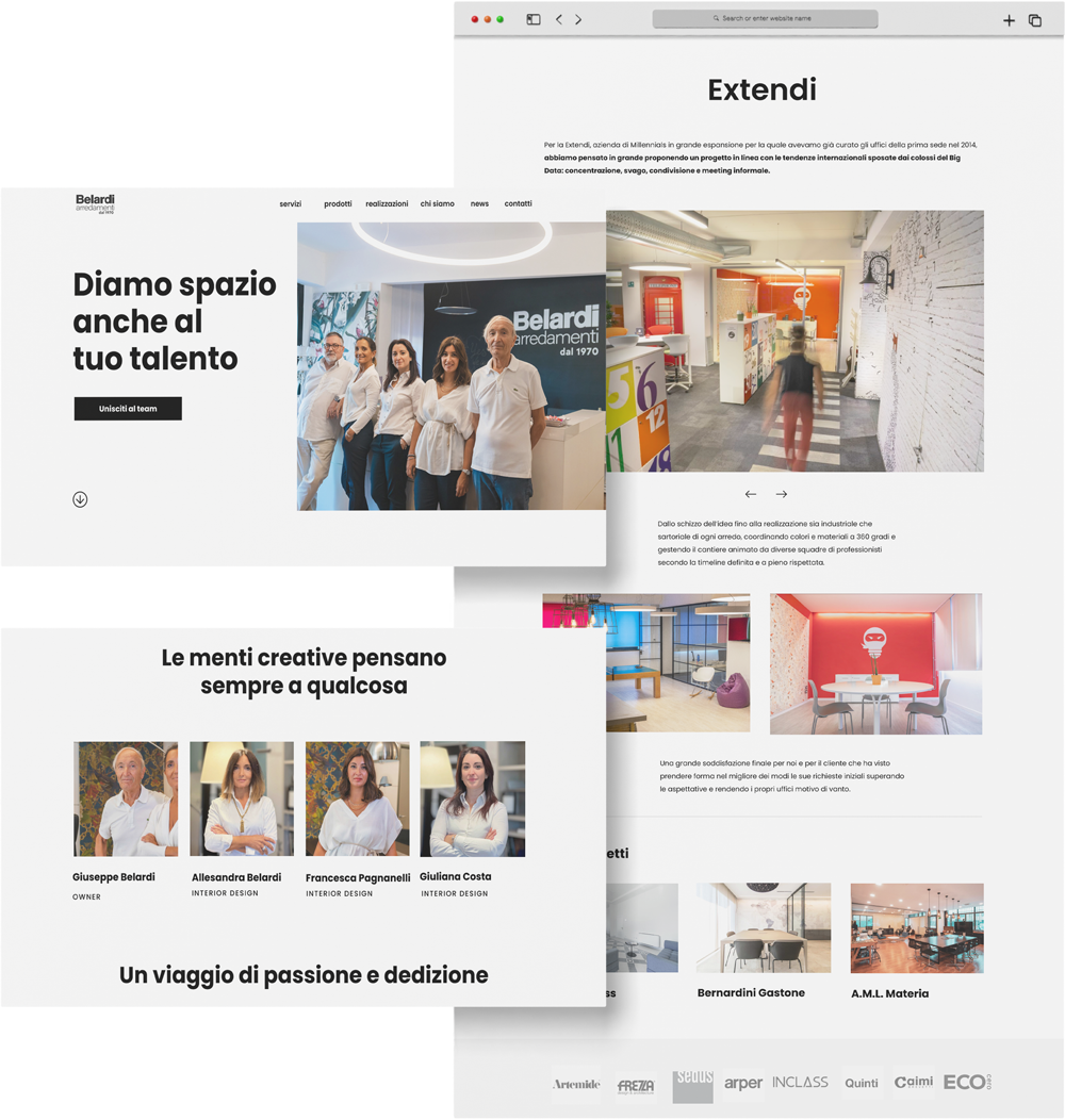 Mockup sito: esempio della pagina intera dei progetti realizzati, con zoom sulla pagina del team.