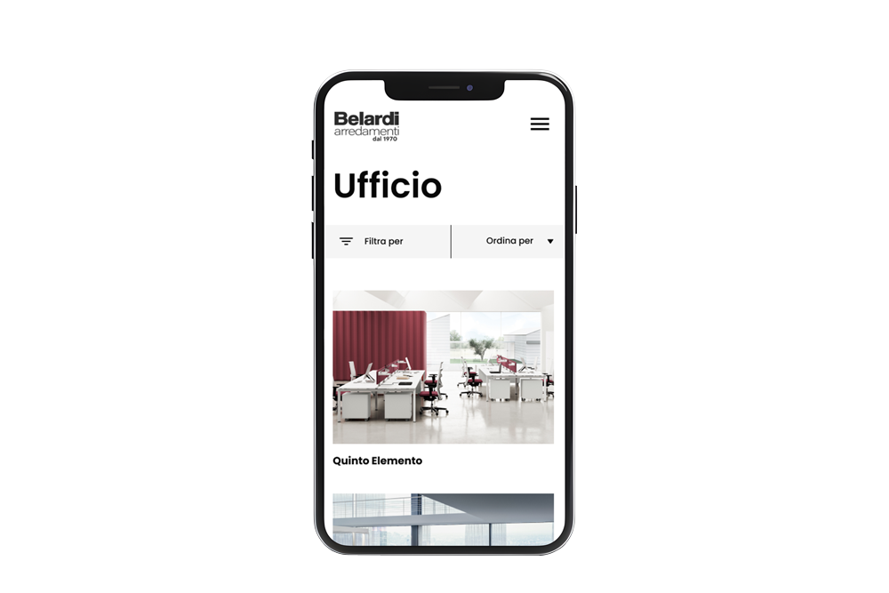 Mockup sito mobile: esempio della pagina di categoria ufficio.