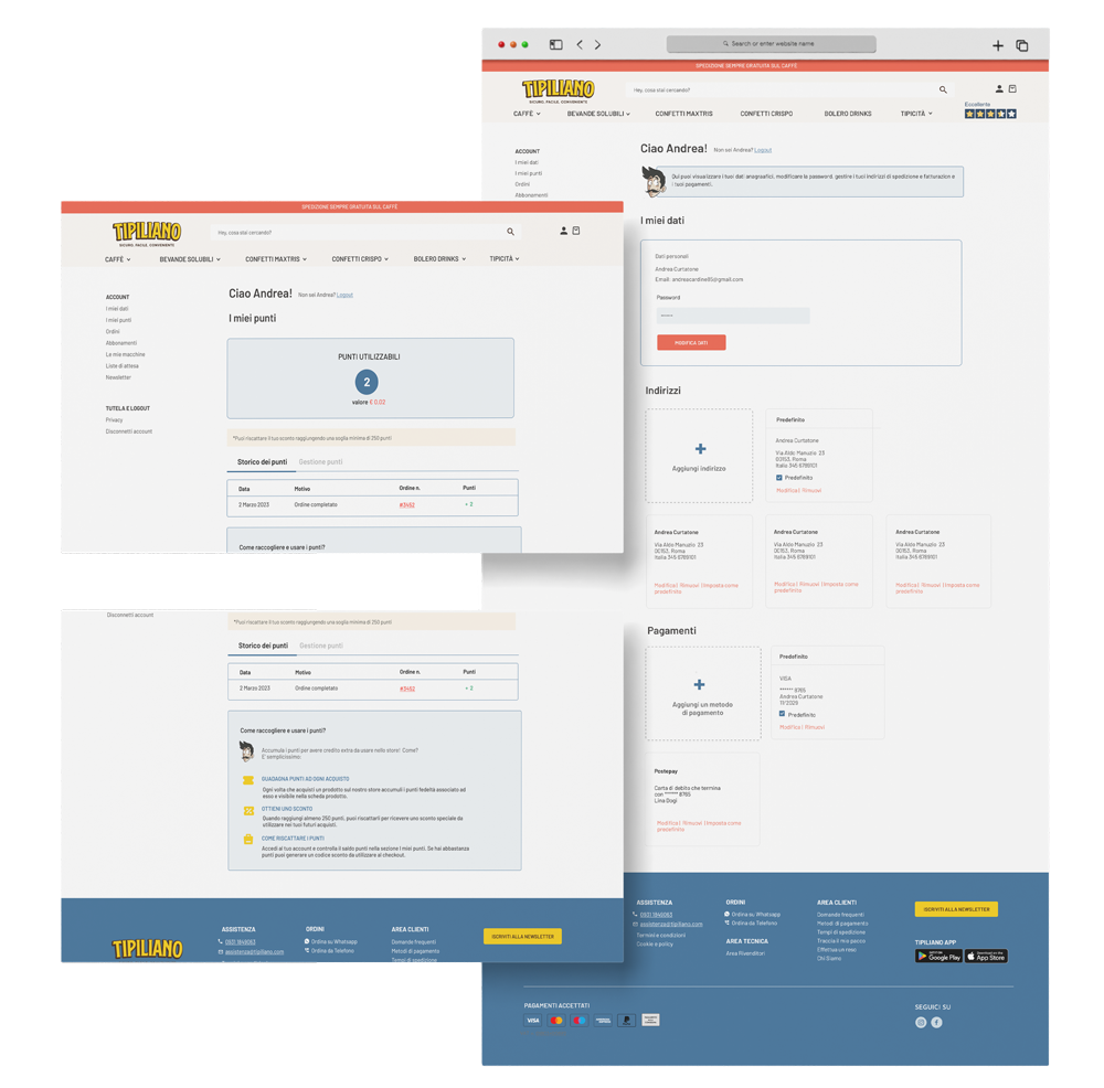 Mockup sito web: schermate dell'area utente rinnovata.