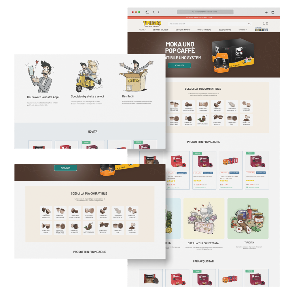 Mockup sito web: hompate del sito con zoom sulle cialde disponibili e sulla sezione di spiegazione di resi e spedizioni.