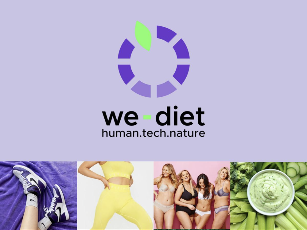 Moodboard con logo we diet su fondo lilla e altre immagini evocative per la palette, come scarpe nike viola, donna in vestito fitness giallo, donne con diverse corporature in intimo con predominante rosa carne, immagini di verdure verdi.