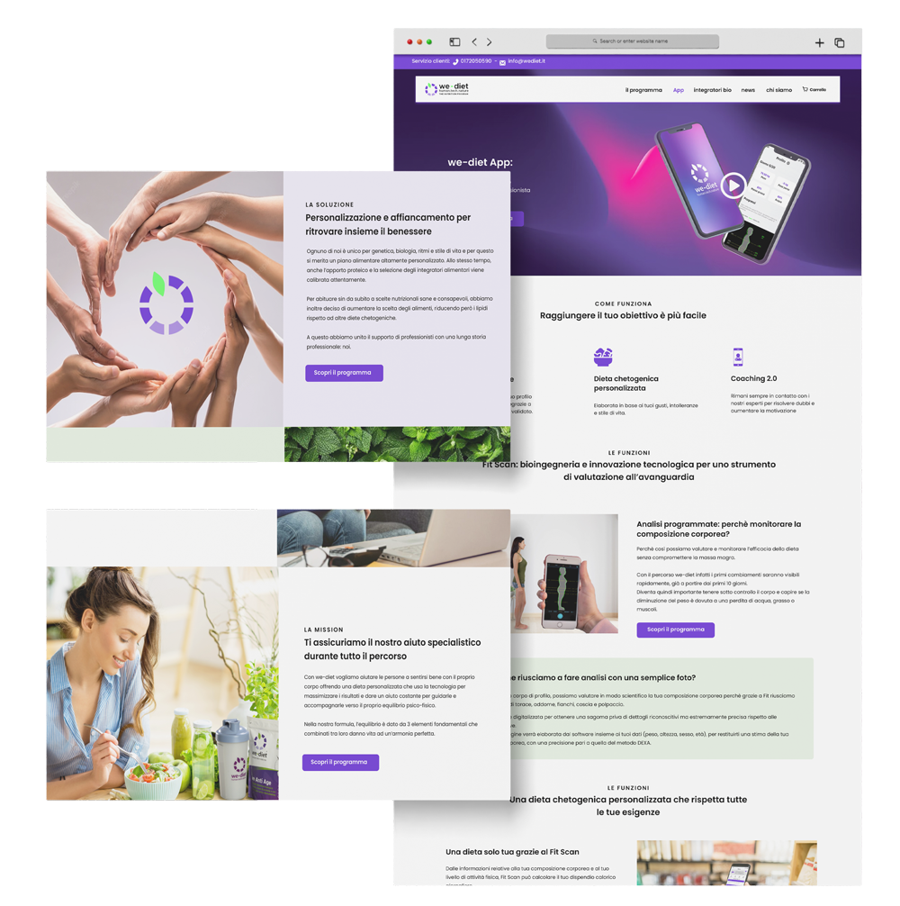 Mockup sito: schermata della pagina dedicata alla spiegazione dell'app con zoom su alcune sezioni con contenuto testuale e immagine a fianco.
