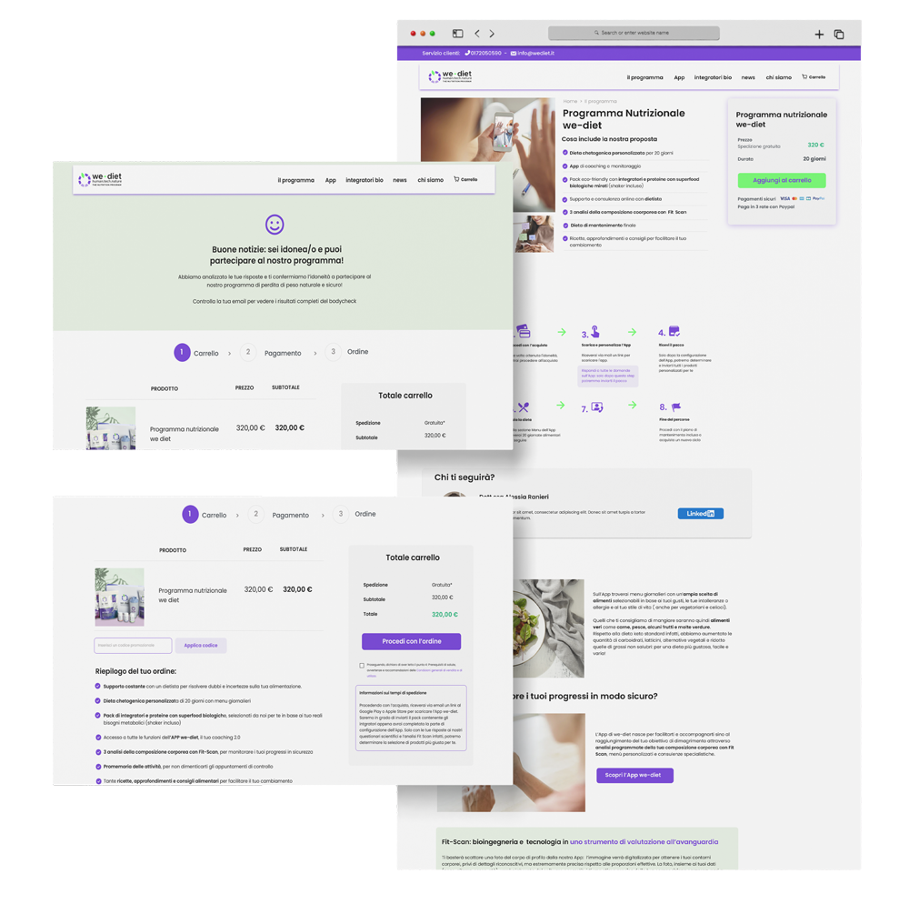 Mockup sito: schermata della pagina prodotto e schermata della pagina carrello.