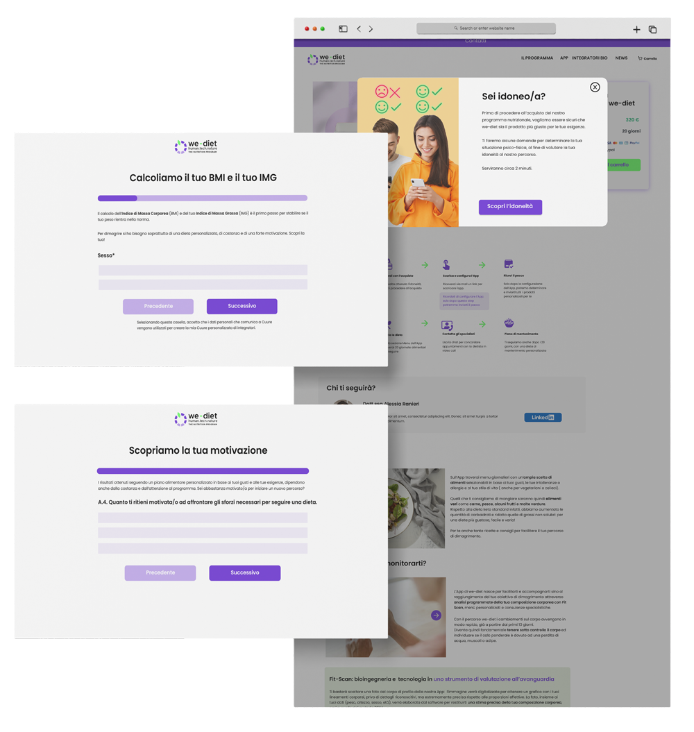 Mockup sito: schermata con popup di avviso all'utente di iniziare il test, e schermate con esempio di domande del test preliminare.
