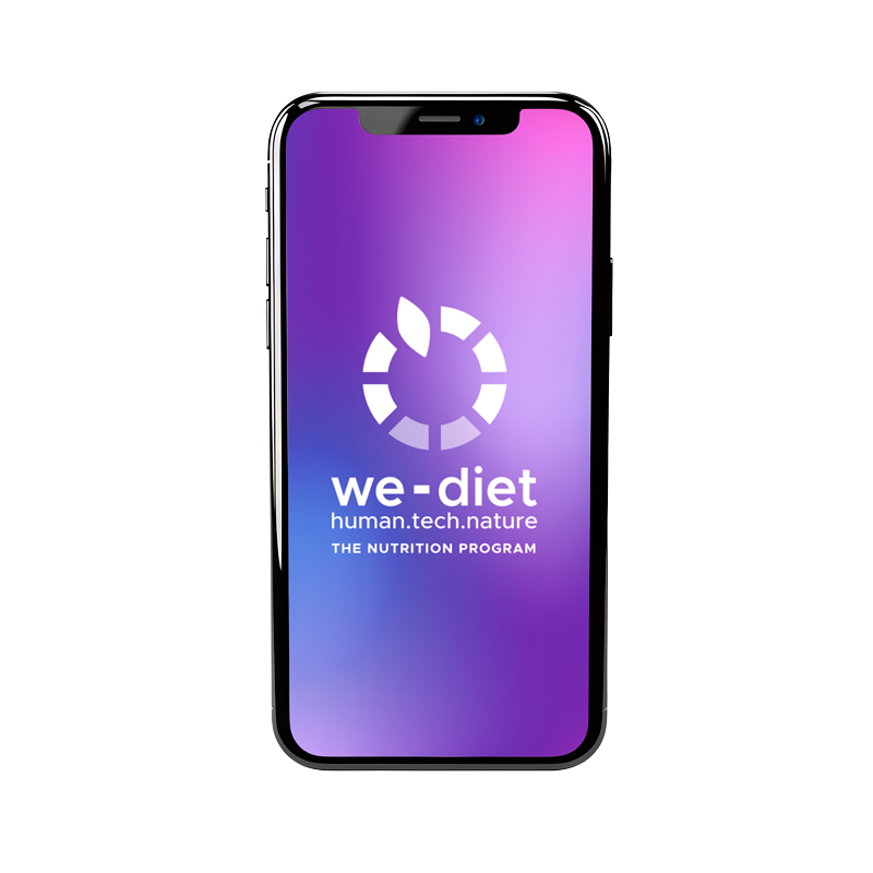 Mockup app: schermata di accesso iniziale con sfondo di gradienti viola e logo we-diet bianco.