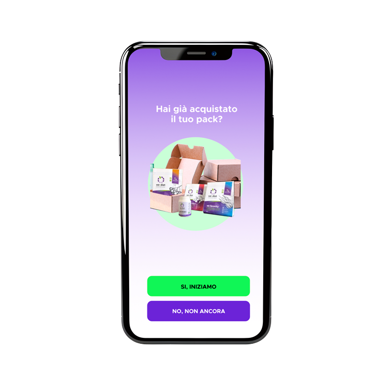 Mockup app: schermata di esempio con i prodotti che chiede all'utente se ha già ricevuto i prodotti a casa per iniziare il percorso.