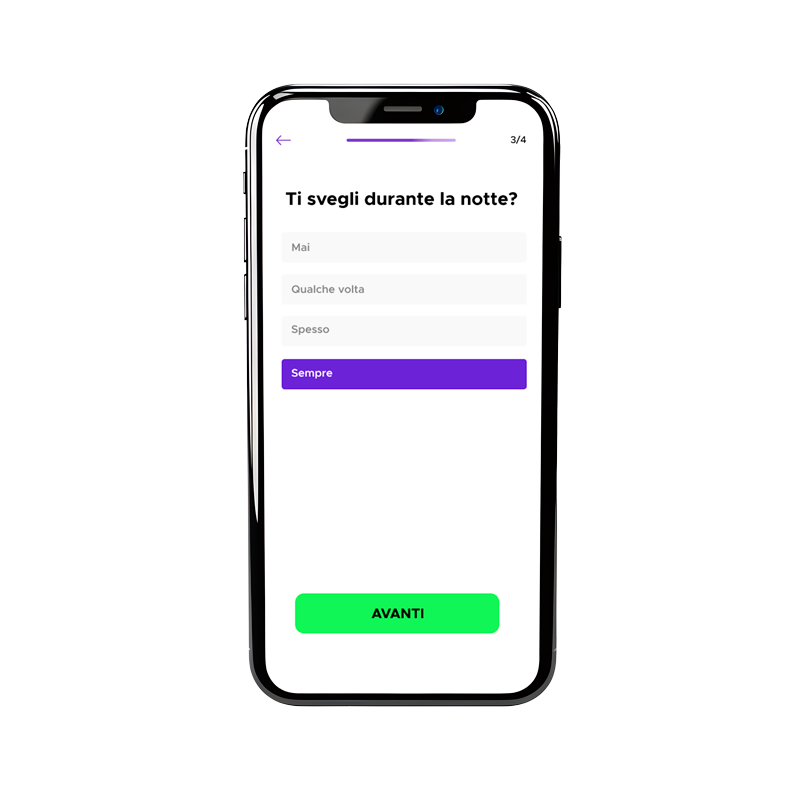 Mockup app: schermata di esempio del test iniziale dell'utente.