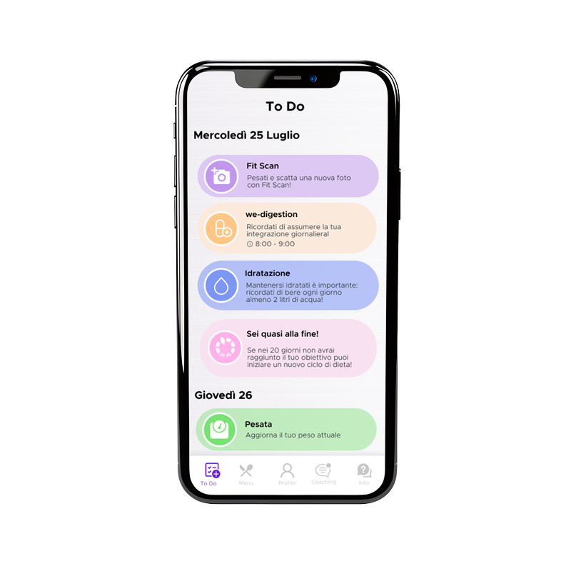 Mockup app: schermata di esempio della to do list dell'utente, con memo delle azioni da compiere.