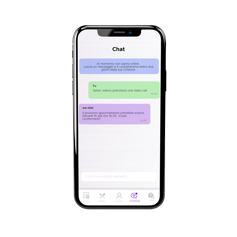 Mockup app: schermata di esempio della chat con il coach.