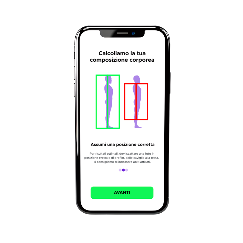 Mockup app: schermata di spiegazione del funzionamento di fit scan.