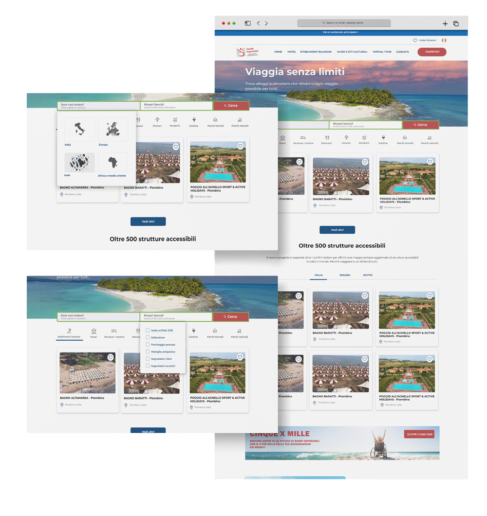 Mockup sito: schermate di esempio della homepage con esempio di filtri per la ricerca geografica dei siti.