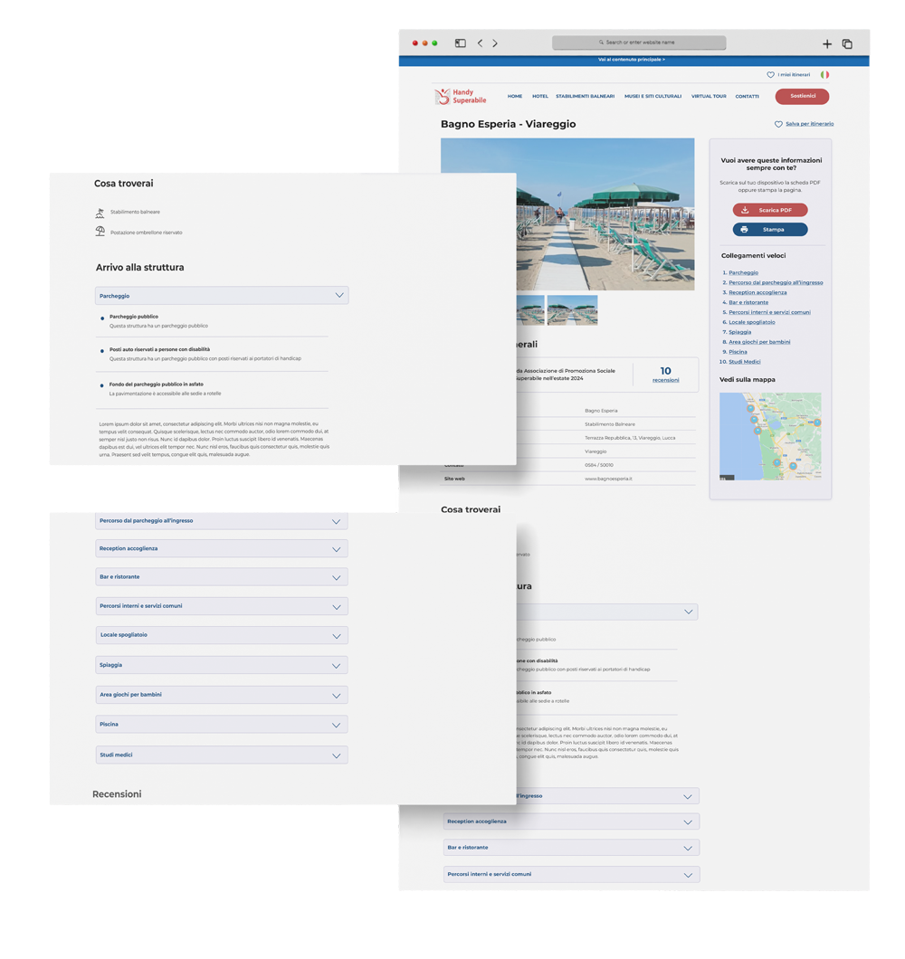 Mockup sito: schermate di esempio della scheda di una struttura balneare con zoom sulle specifiche di accessibilità del sito.