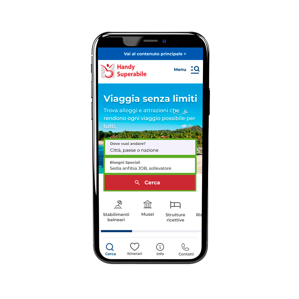 Mockup progressive web app: schermata della homepage sulla ricerca degli stabilimenti o luoghi da visitare.