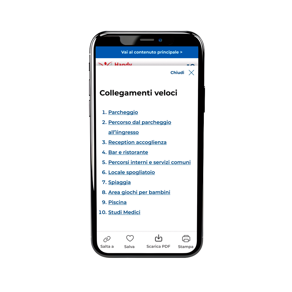 Mockup progressive web app: schermata dei collegamenti veloci.