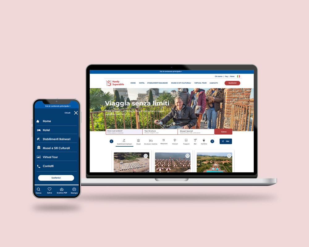 Immagine rappresentativa cliente Handy Superabili. Schermo mobile con grafica menu e schermo desktop con viewport hompage