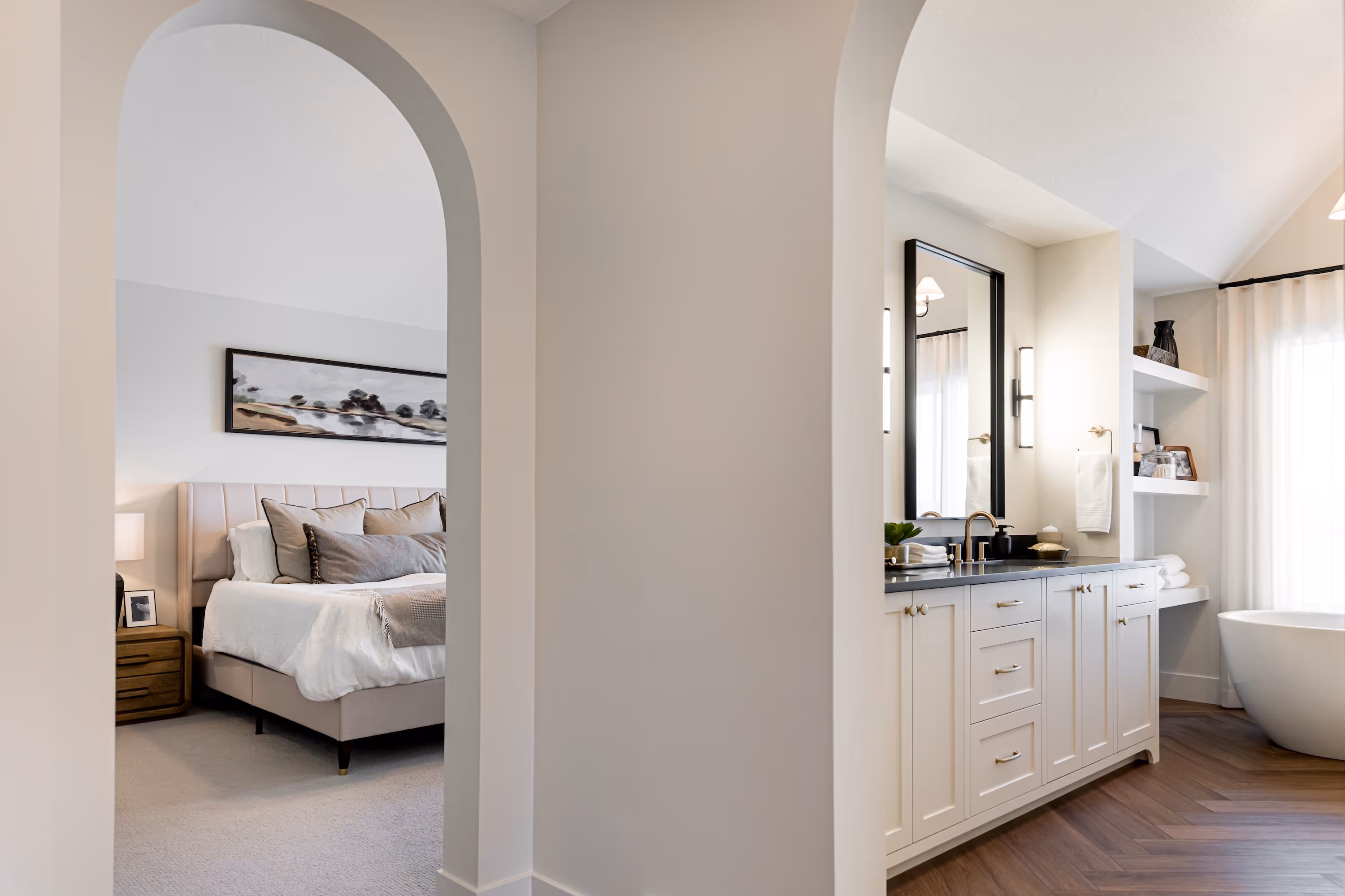 A bedroom entrance and bathroom