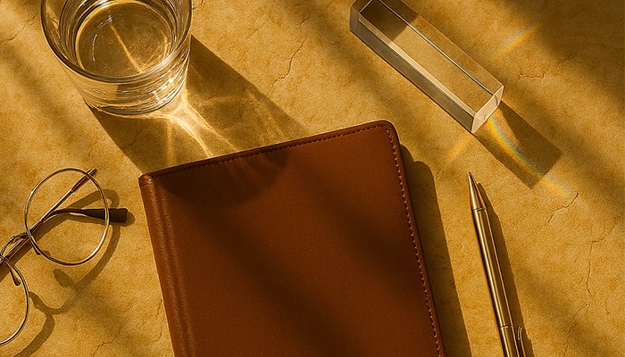 Notebook, glasses, pen, and a glass of water