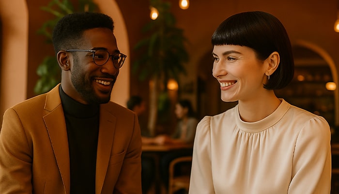 A man and woman smiling at each other
