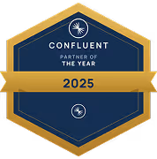 Confluent Partner of the Year 2025 award badge with blue and gold design.