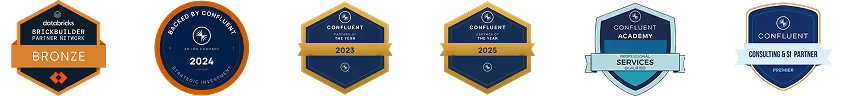 Six certification badges from Databricks and Confluent, including Bronze partner and partner of the year badges.