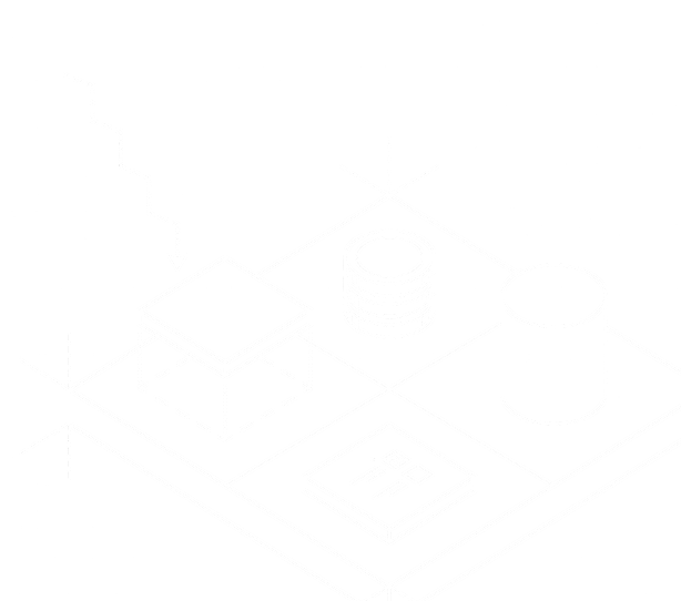 Isometric tech diagram with CPU chip, database stack, cylindrical container, and a circuit board.
