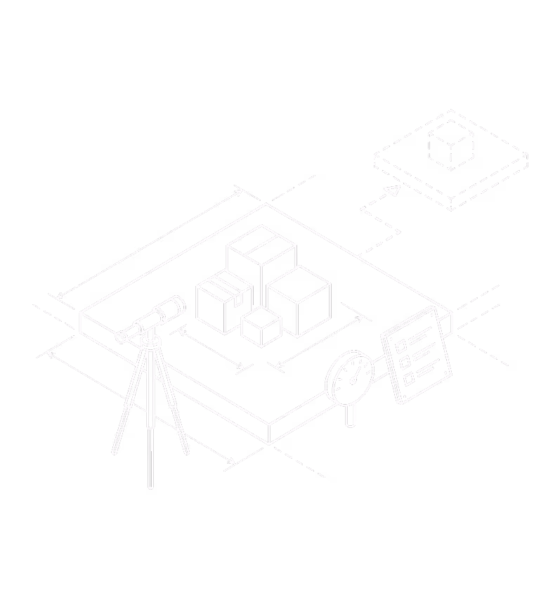 Line art of a technical drawing with boxes, a telescope, a magnifying glass, and a checklist on a tablet.