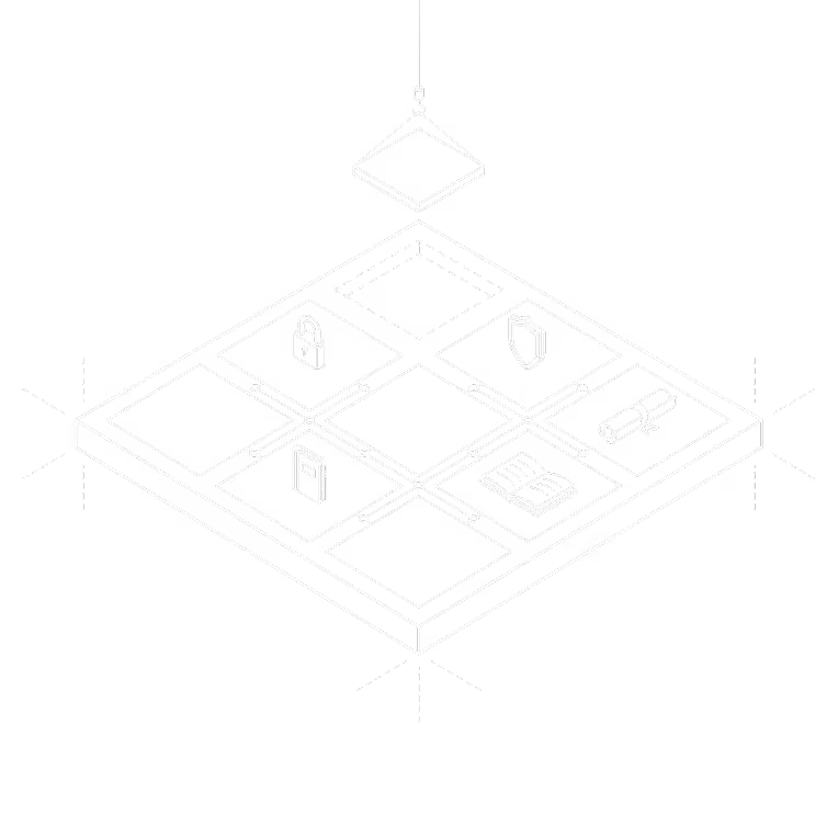 Isometric diagram of a cube with six faces showing icons of security, shield, book, and diploma.