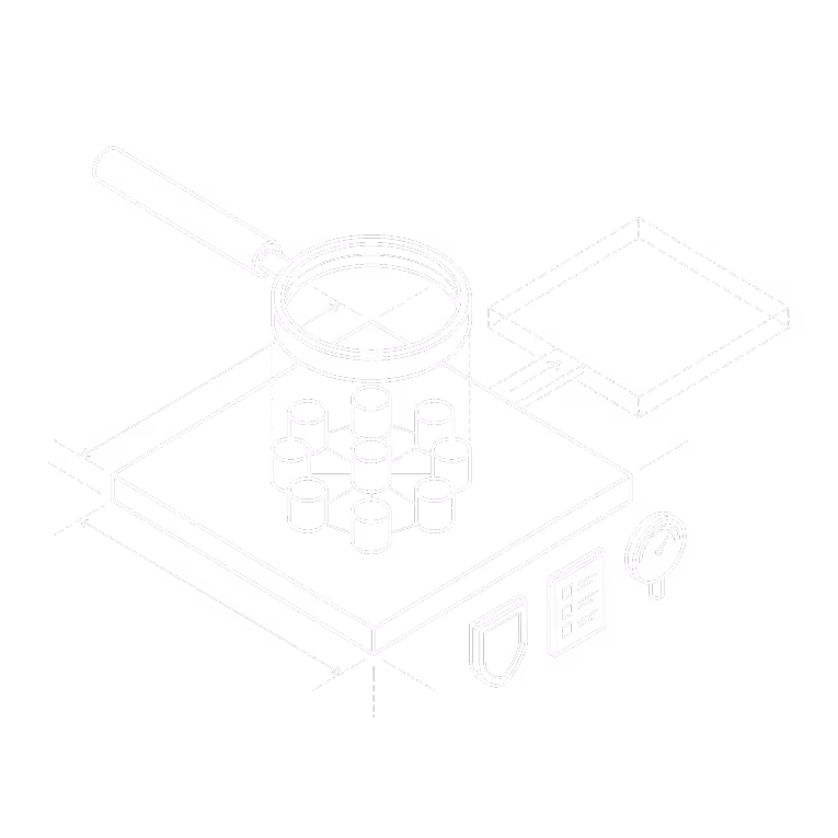 Magnifying glass examining grouped cylinders on a circuit board with shield, checklist, and speedometer icons.