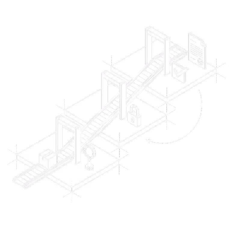 Isometric conveyor belt with packages, magnifying glass, padlock, and document icons representing process flow.