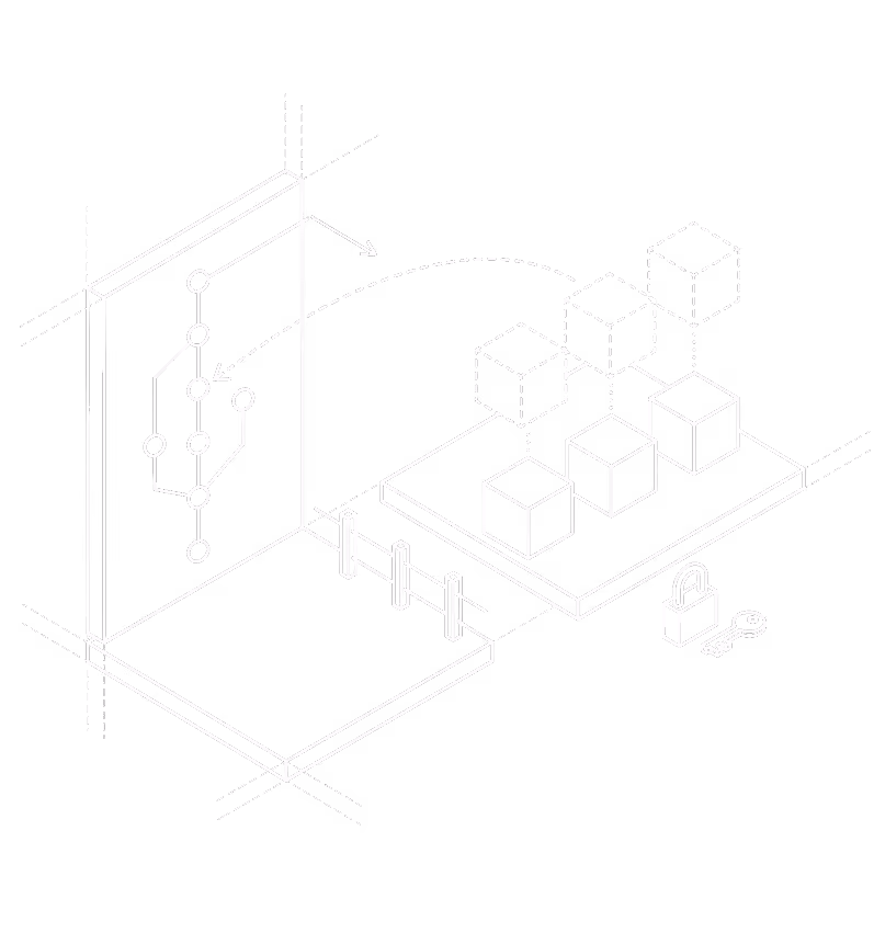 Wireframe diagram showing data flow from a control panel to a grid of connected cubes with security lock icon.