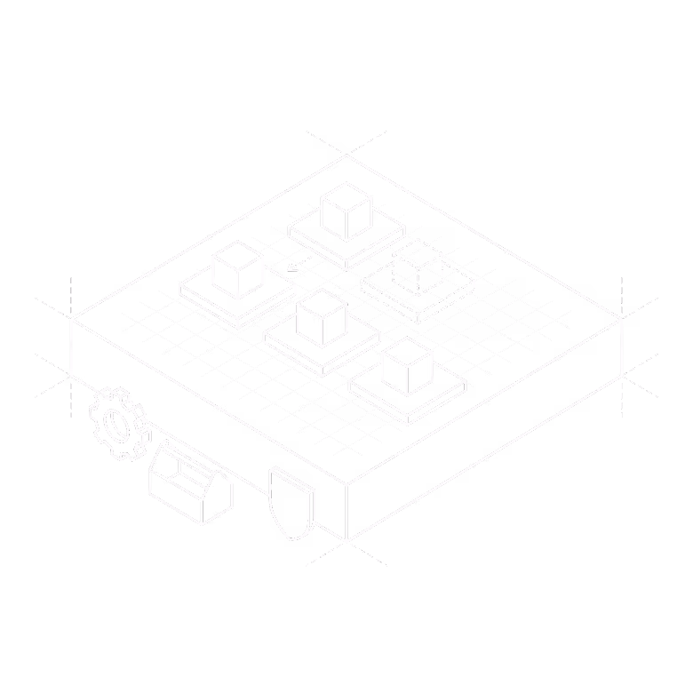 Isometric line drawing of a circuit board with four raised square components and connection points.