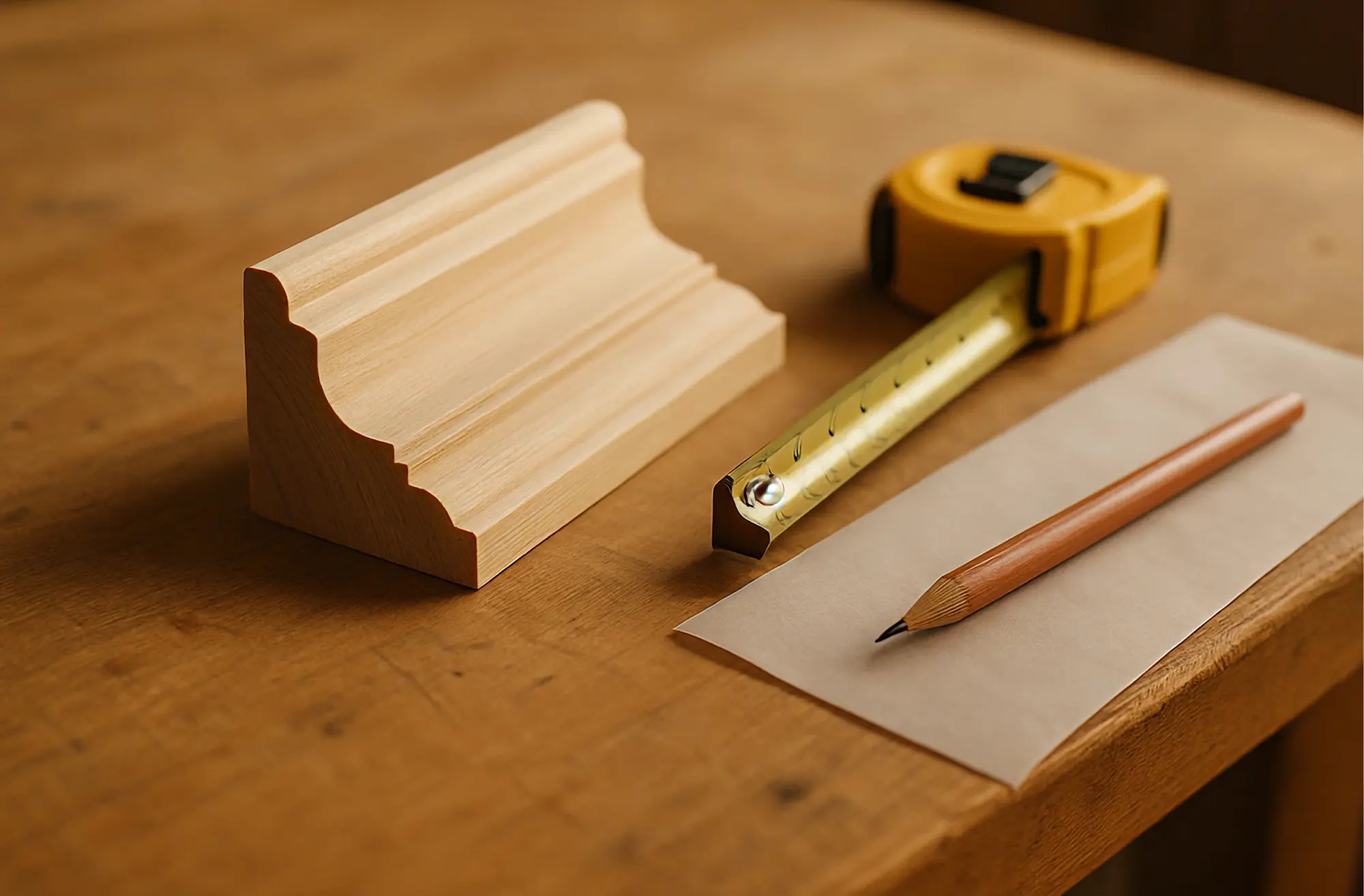 Woodworking tools on a table: a wooden moulding piece, a yellow tape measure, a pencil, and a sheet of paper.