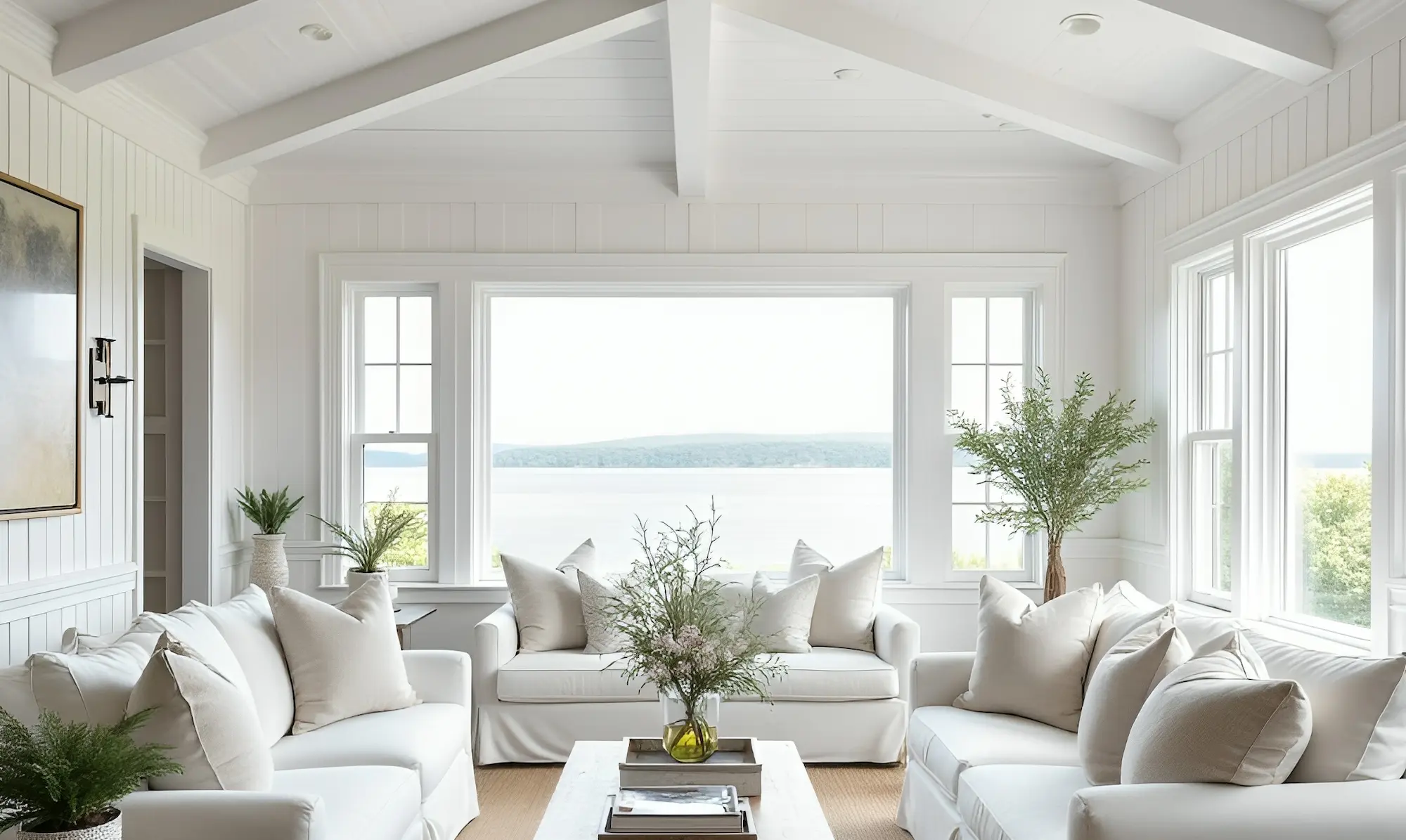 Bright, airy living room with white sofas, large windows, and a view of the water, complemented by greenery and soft decor.