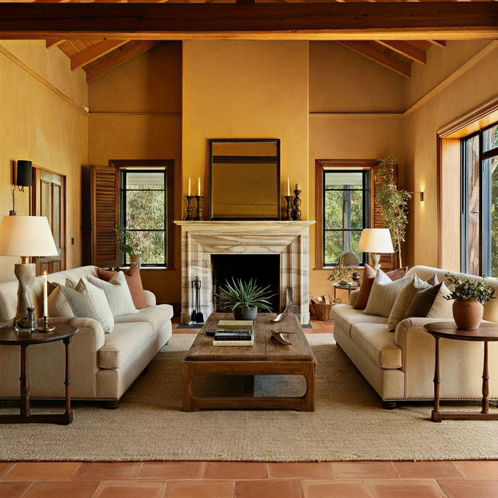 Tuscan style living room featuring two beige sofas, a wooden coffee table, a stone fireplace, and large windows.