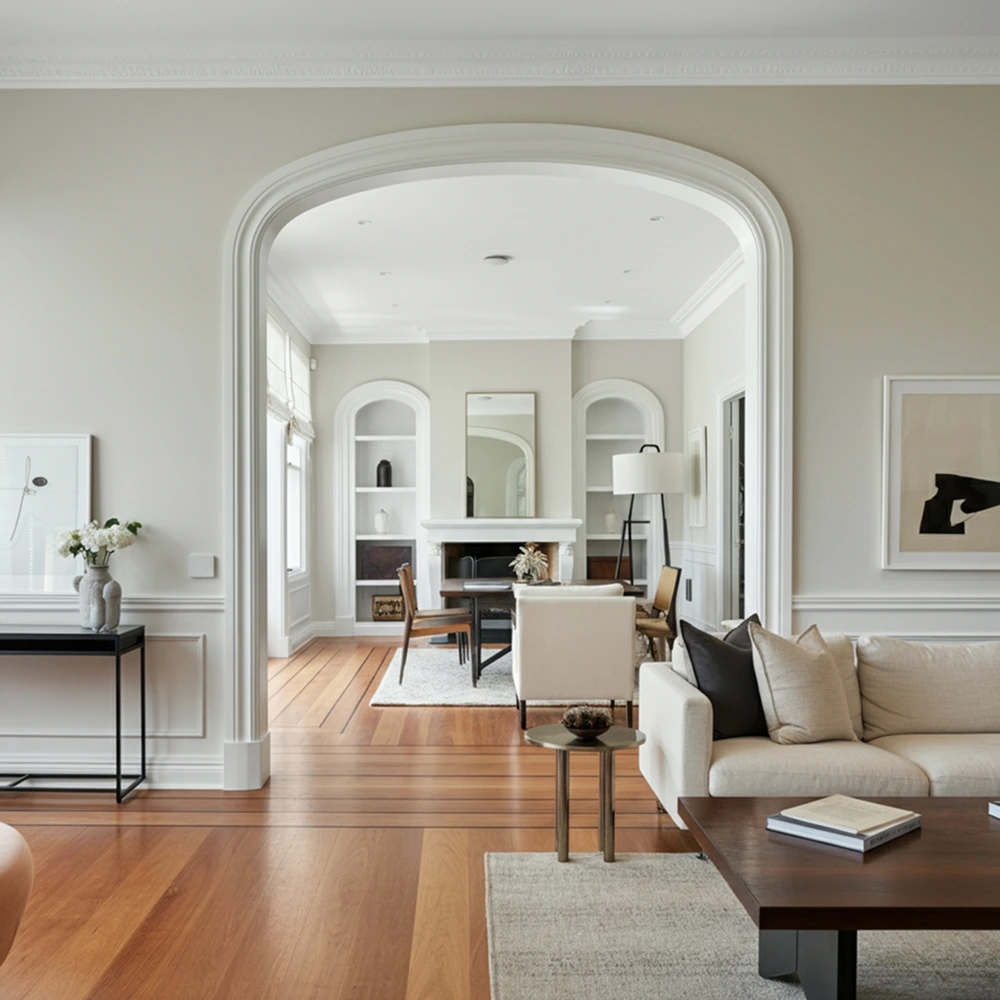 Bright, classical style living room with an arched entryway, hardwood floors, and elegant furnishings, featuring a fireplace and artwork.