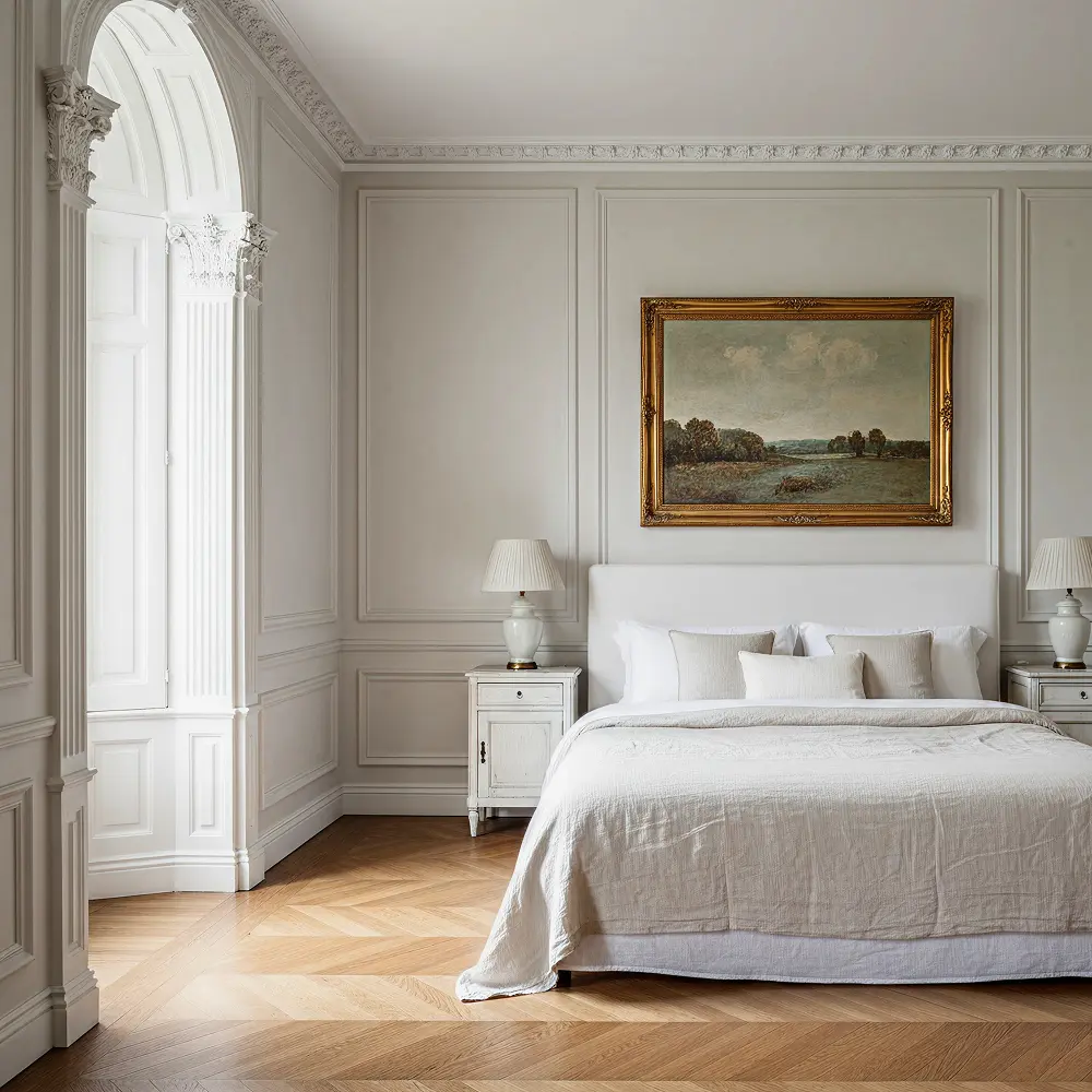French provincial bedroom featuring a bed with white linens, side tables, lamps, a framed landscape painting, and a large window with decorative trim.