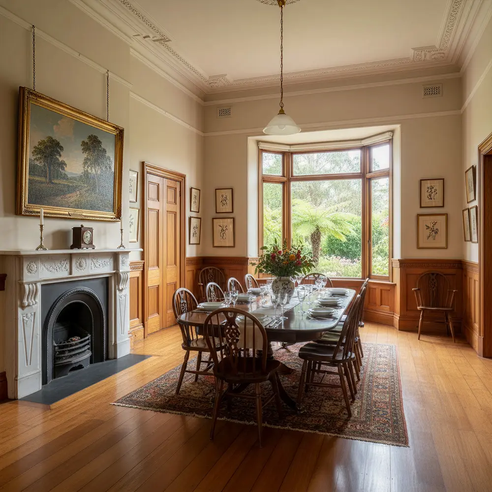 Colonial style dining room featuring a wooden table, eight chairs, a vintage fireplace, and large windows with greenery outside.
